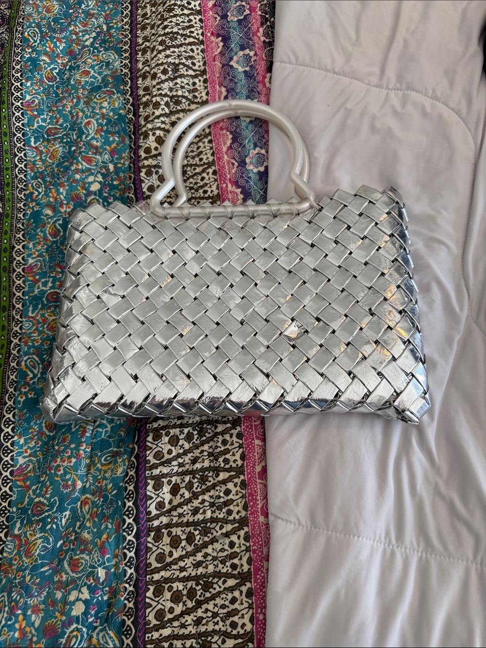 Woven Metallic Silver Tote with Top Handles